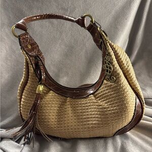 Brown and Tan Woven Jute And Faux Leather Hobo Bag With Tassle And Seahorse Bag